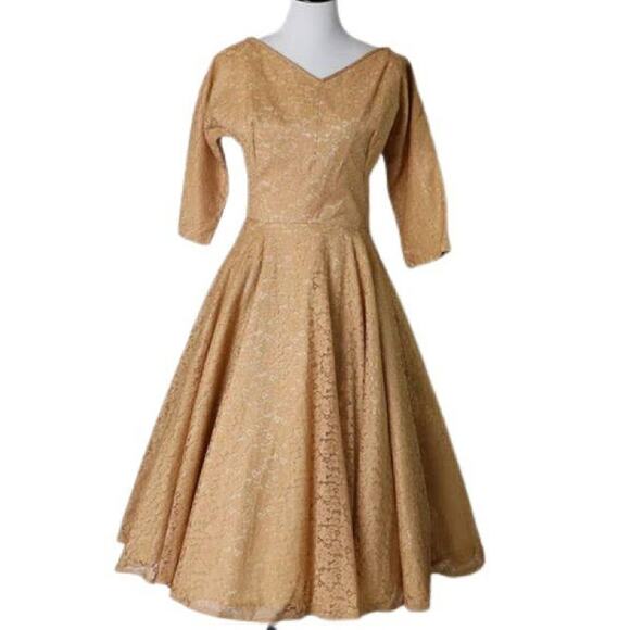Vintage 1950s Butterscotch Fit-And-Flare Lace Dress Small - Picture 1 of 7